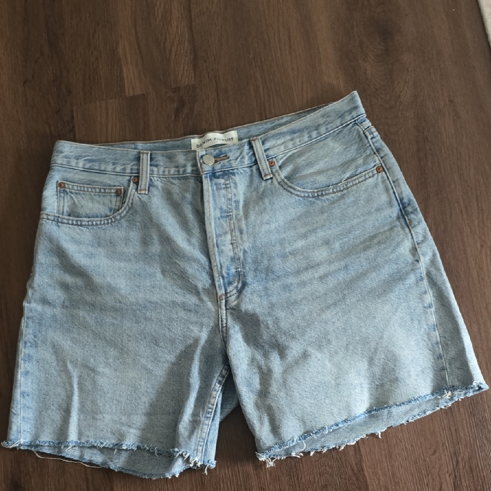 Denim Forum Light Blue High-Waist Frayed Hem Jean Shorts